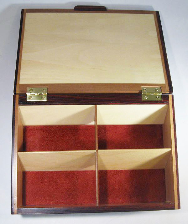 Decorative business card box handmade from pearwood, cocobolo and spalted maple - open view