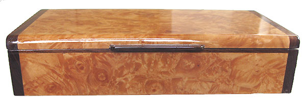 Maple burl box front - Handmade slim wood box, desktop box