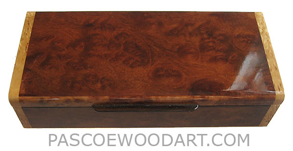 Handmade slim wood box, decorative wood desktop box made of camphor burl with masur birch ends