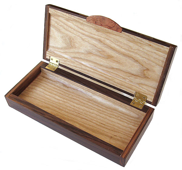 Handmade wood desktop pen box - open view