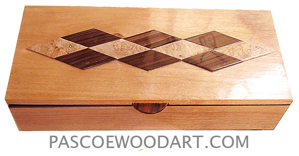 Handmade wood box - Decorative wood slim and long desktop box made of alder with diamond pattern design of maple burl and Asian ebony top