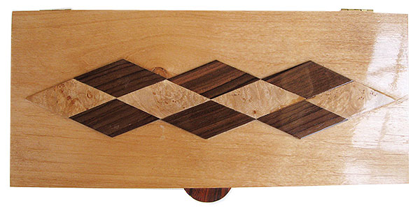 Alder box top with diamond pattern design of maple burl and Asian ebony - Handmade wood box - Decorative wood slim and long desktop box