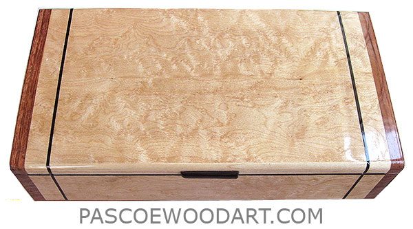 Handmade slim wood box - Decorative wood slim desktop box or keepssake box made of birds eye maple with bubinga ends with ebony inlay