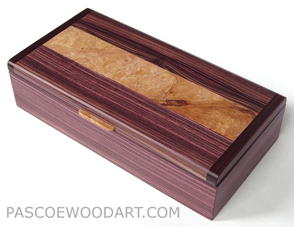Decorative wood desktop box, pen box  - Handmade wood box - Brazilian kingwood veneer laminate on cherry, spalted maple burl inlaid top, Bois de rose ends.
