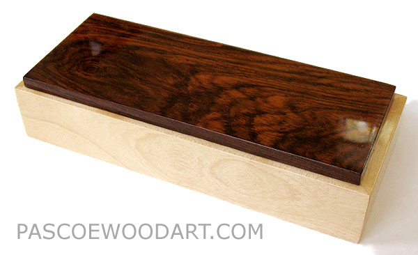 Decorative wood pen box, desktop box - Polished lacquer cocobolo lift top on figured birch box