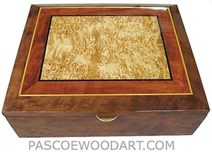 Handcrafted large wood box - Decorative large keepsake box made of camphor burl with masur birch center framed in figured bubina, camphor burl with ebony, Ceylon satinwood striping