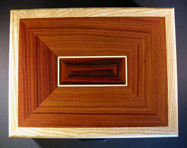Handcrafted wood box - large keepsake box made from bleached ash, east Indian rosewood - top view