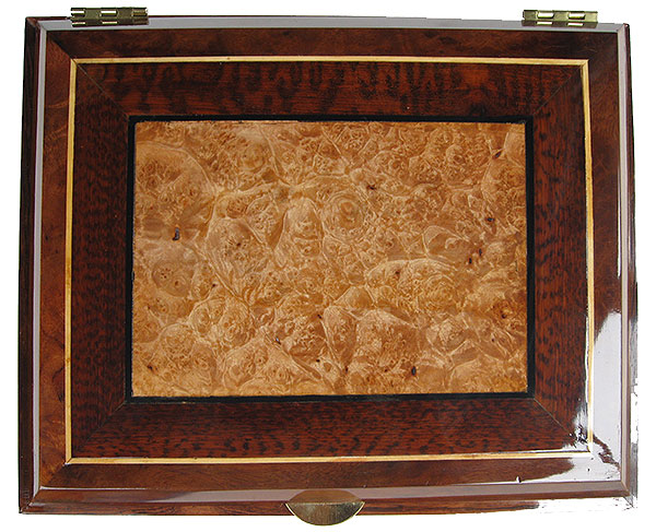 Large handmade decorative wood keepsake box top  - maple burl framed in snake  wood, camphor burl
