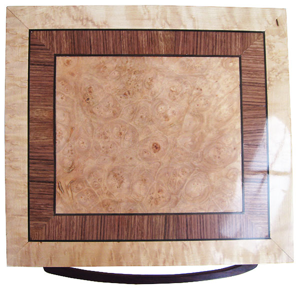 Maple burl center framed in bubing and birds eye maple box top - Handcrafted large keepsake box or document box