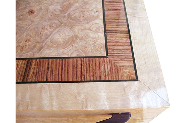 Maple burl framed in bubinga amd birds eye maple box top  close up - Handcrafted wood box