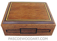 Handcrafted large wood box - Decorative wood large keepsake box, document box made of camphor burl with camphor burl framed in ebony, Ceylon satinwood and Indian rosewood top - ebony inlaid box front