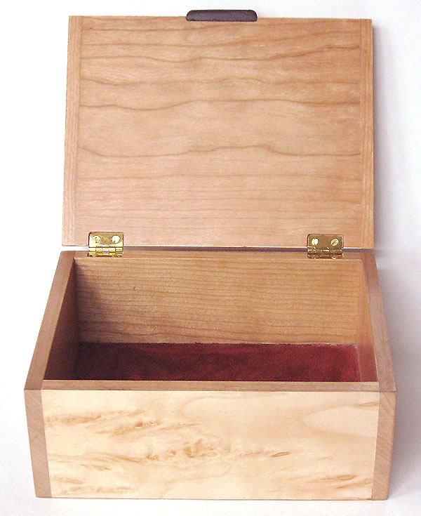 Handmade wood keepsake box open view - Decorative wood box made of Karelian birch burl, cherry