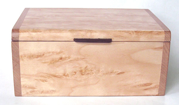 Decorative wood box front view - Handmade keepsake box made of Karelian birch burl, cherry