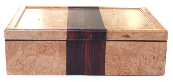Decorative wood keepsake box front view - Handcrafted wood box made of maple burl with cocobolo accent