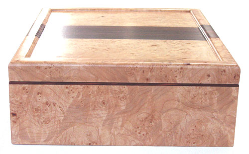 Handmade wood box side view - Decorative keepsake box made of maple burl, cocobolo