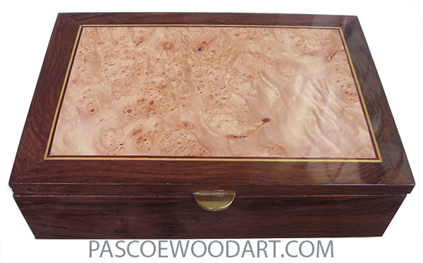Handmade wood box - Keepsake box made of Madagascar rosewood with maple burl center top
