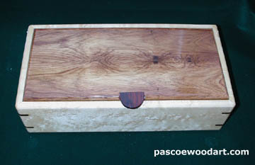 Handcrafted wood box: Medication Minder; pill box with a seven day pill tray and storage for up to eight pill bottles: Bird's eye maple with Honduras rosewood lid