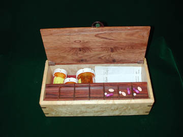 Handcrafted wood box: Medication Minder; pill box with a 7 day pill dispenser tray and storage for up to 8 pill bottles: Bird's eye maple with Honduras rosewood lid