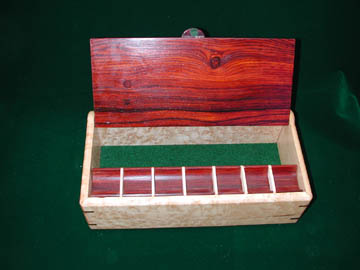 Handcrafted wood box: Medication Minder; pill organizer with a 7 day pill tray and storage for up to 8 pill bottles: Bird's eye maple with cocobolo lid with seagull inlaid
