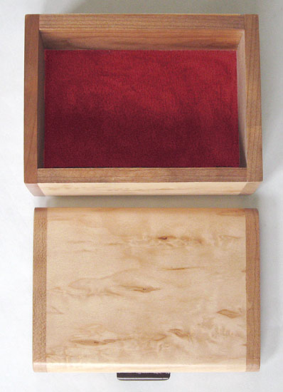 Handmade small wood box open view - Decorative small keepsake box made of Karelian birch burl, cherry