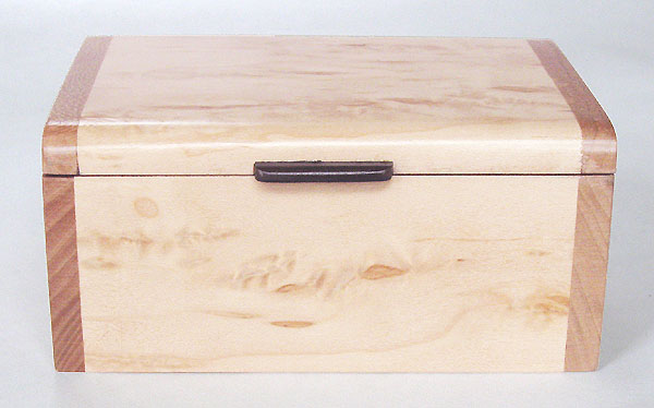 Handmade small wood box front view - Decorative small keepsake box made of Karelian birch burl, cherry