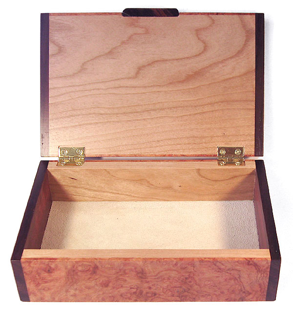Decorative small keepsake box open view - Handmade amboyna burl small wood box with Bois de rose ends