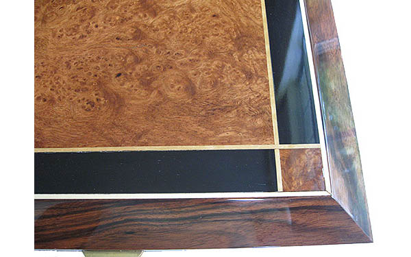 Amboyna burl and ebony inlay box top close up - Handcrafted large men's valet box