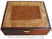 Handcrafted large wood box - Decorative wood large men's valet box or keepsake box made of Santos rosewood with amboyna burl framed in maple burl and rosewood top