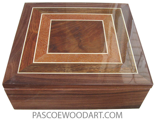 Handcrafted wood box - Large men's valet box made of bolivian rosewood with pattern top of crotch walnut, lacewood, holly, Hawaiian Koa