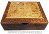 Handcrafted large wood box - Decorative wooe men's valet - large wood keepsake box made of Indian rosewood with maple burl framed in camphor burl box top