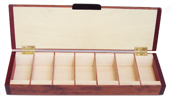 Handmade wood weekly pill box - open view