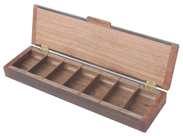 Handmade wood weekly pill box - open view