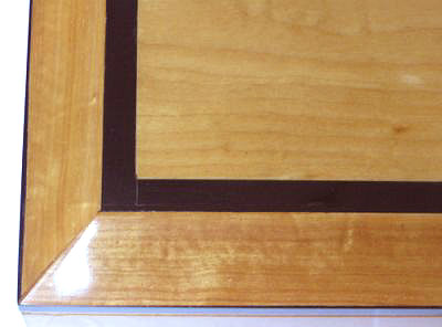 Handmade wood box - Keepsake box made from solid Ceylon Satin wood with ebony trim - open view - closeup