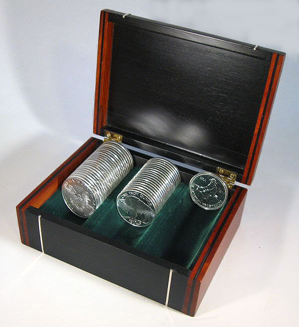 Handmade bullion coin display wood box made from ebony, cocobolo with silver inlay - open view