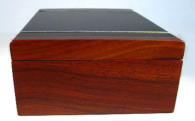 Handmade bullion coin display wood box made from ebony, cocobolo with silver inlay - side view
