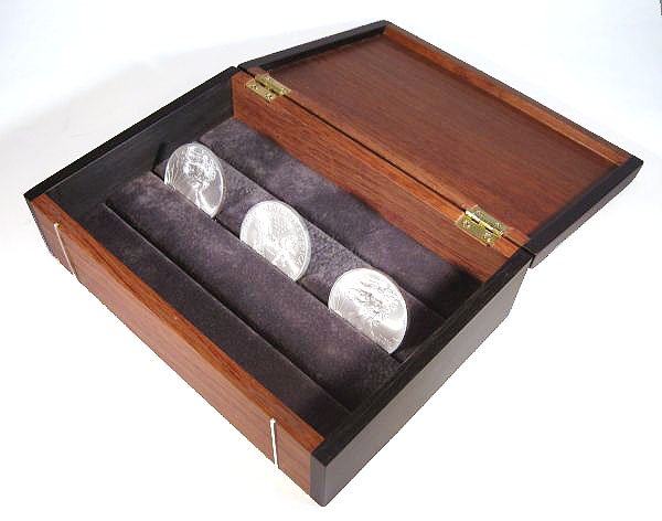 Handmade bullion coin display box made from bubinga wood,  ebony with silver inlay - open view