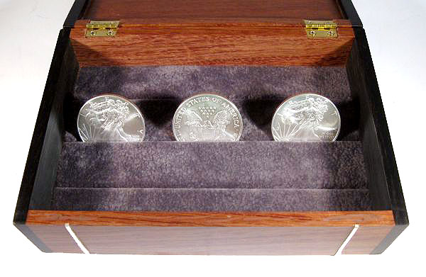 Handmade bullion coin display box made from bubinga wood,  ebony with silver inlay - open view closeup