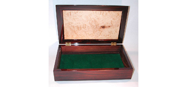 Man's box made of cocobolo and maple burl wood open view
