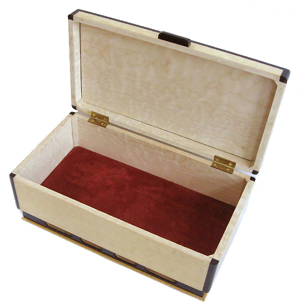 Decorative wood keepsake box - open view - Handcrafted wood box made of bleached solid quilted big leaf maple with ebony trim