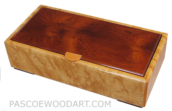Handmade decorative wood desktop box made of bird's eye maple with Honduras rosewood top