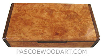 Handmade slim wood box, decorative desktop box made of maple burl with Santos rosewood ends