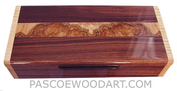 Handcrafted wood box - Decorative wood desktop box made of Brazilian kingwood with spalted maple burl inlaid top, figured maple ends