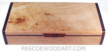Decorative wood shallow desktop box made of maple burl, cocobolo