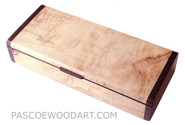 Pen box - decorative wood desktop pen box made of burly figured maple with bois de rose ends