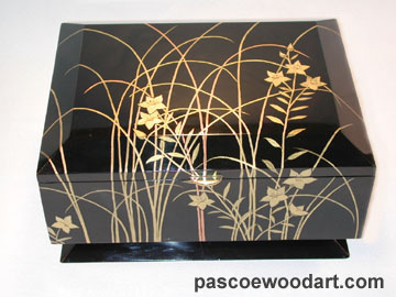 Handcrafted wood box by ebonized cherry with artwork by buil up lacquer for embossed effect -  Flower in Glass