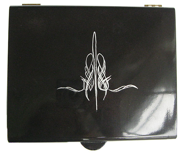 Handpainted metallic black box top with original art in silver color