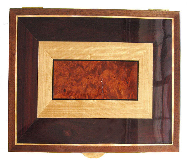 Handcrafted wood large keepsake box top - Anmboyna burl, Ceylon satinwood, bois de rose, ebony