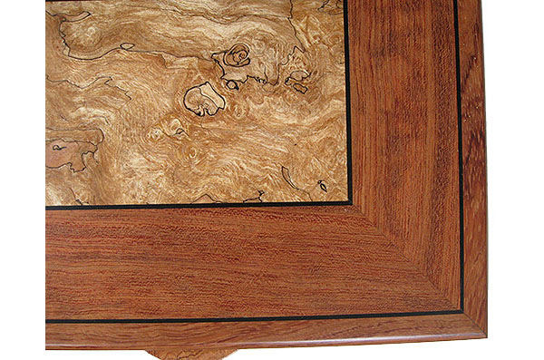 Spalted maple, ebony inlaid bubinga box top close up - Handmade large wood keepsake box