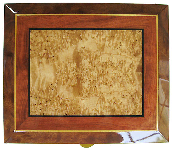 Masur birch center framed in fitured bubinga and camphor burl with ebony, Ceylon satinwood striping - Handcrafted decorative large keepsake box