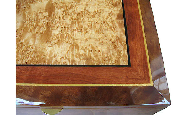 Box top close-up - Handcrafted decorative large keepsake box - Masur birch center framed in figured bubinga and camphor burl with ebony, Ceylon satinwood striping